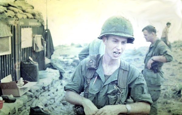 Lt Malcolm Spencer and Capt Mike Casp
Since I was heading home on my DEROS, Lt Malcolm Spencer was called out of the field, where he had been pulling FO duty, to replace me as the XO of "A" Battery.  Behind him is the Battery Commander, Captain Mike Casp, who was killed two weeks after this photo was taken.  He was on a reconnaissance mission when the chopper was shot down.
