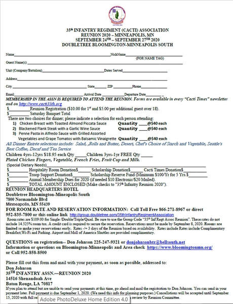 The 2020 Reunion Form...for all you Early Birds
The 35th Inf Regt Assn has already prepared the Registration Form for the 2020 Reunion in Minneapolis.

It will be sent out to all email addresses on file later next year.
