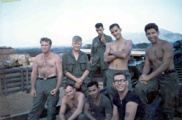 The Whole Crew
This is the #4 Gun Section prior to us going to LZ Incoming.
Back Row: Sgt Reedy (WIA), UNK, Phil Orville (WIA), Me. 
Front Row: Danny McMillan, Bobby Gomez, Elmer Lindsay (KIA) and Carl Willis (not pictured).
