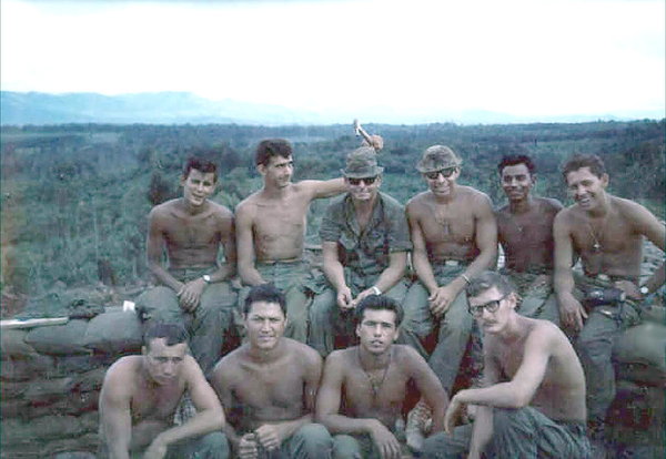 #4 Gun Section
Our #4 gun crew photo.  Taken after some of the wounded guys came back along with 2 newly-assigned men.
Front L to R: Danny McMillan, Carl Willis, Charlie South and Sandy.
Back L to R: Bob Becker, Phil Orville, new Section Chief (UNK) Carlos Casteel, Bobby Gomez and UNK.
