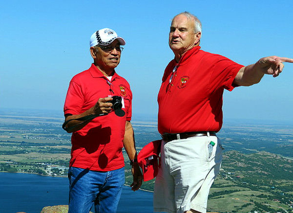 Mt Scott
Sam Nieto (deceased) and Wayne Crochet (deceased) atop Mt Scott.  Wayne is saying, "Your hat went that-a-way.  I got mine!

Photo courtesy of Barbara Moeller
