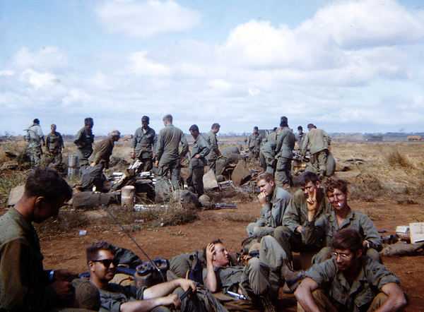 Ban Me Thout
PFC William "PigPen" Nankervis (deceased 2013), Bullet Bob, Cruit, Tom Terrific, Carl, George, and Dennis Van Linder in foreground with glasses.
