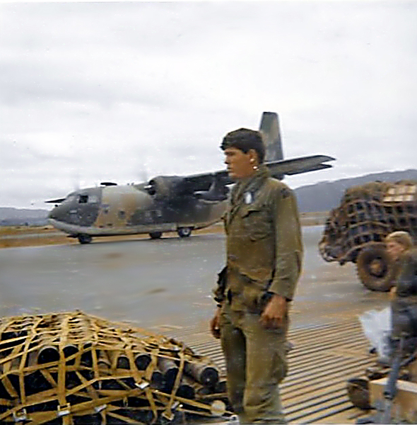 Moving via fixed-wing aircraft
Me standing next to a C-22 aircraft cargo net.  This is the only time I ever moved by fixed wing aircraft.  We went from Kontum to Ban Me Thuot.
