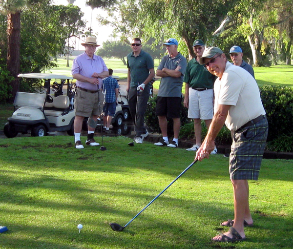 Friday Morning golf outing
Set to tee off is Past President of the 35th, Don "Doc" Johnson.  Note Don's "open foot" sandals which don't quite match the expectations for proper golfing footwear.  The Starter told Don never to wear those sandals again, as they violated every military regulation on the books, including the EPA Regulation against virulent & foul smells.
