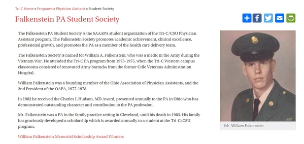 High Honors
Medic William Falkenstein distinguished himself in civilian life after his service in Vietnam.  He died in 1983.
