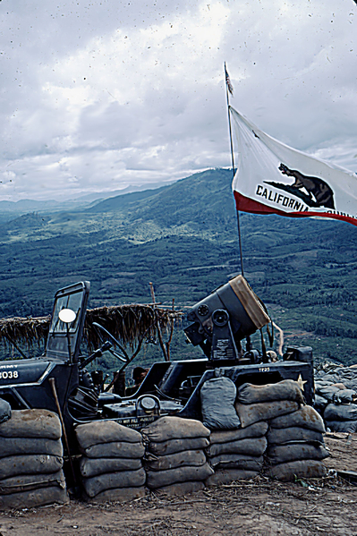 Hail, California
A state flag flies from a searchlight jeep.
