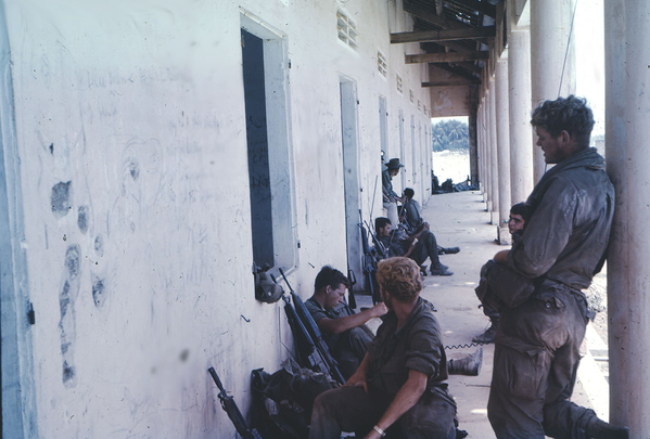 Palm Trees and Plantations
Troops take a break just outside the jungle canopy.  Palm trees in the rear.
