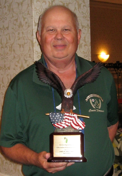 Lifetime Achievement Award bestowed
Jim "Doc" Hall was honored at the Banquet with the first-ever Lifetime Achievement Award presented by his brothers of the Cacti.  Being his usual modest self, Jim had very few words to offer.  Congratulations, Jim!  Your extensive work in finding the gravesites of the Cacti decease and paying them tribute will be your lasting legacy.
