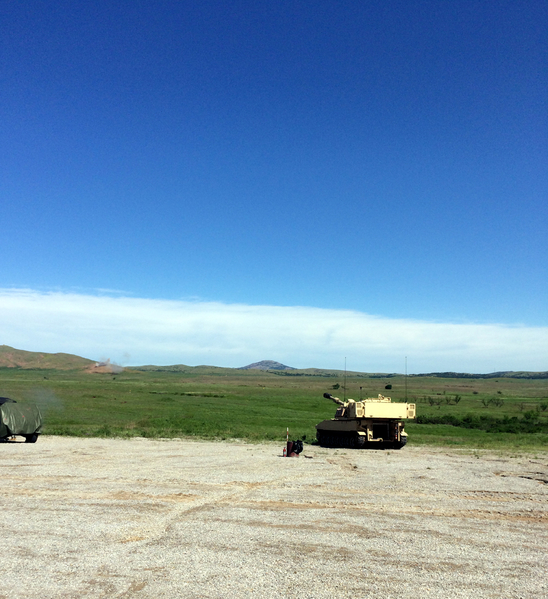 Thursday Firepower Demonstration
View from the spectator stands.  Note the beautiful clear blue sky over Ft Sill Oklahoma!  Our Encore reunion was blessed with such great weather in the middle of May, 2017.  No threats of tornadoes this year!

Photo courtesy of Joe Henderson.
