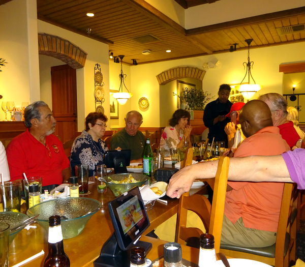 First Event - Ted's Cafe, Lawton
Dennis Dauphin (in the red arty shirt) seated next to Marie & David Scott and Barbara Moeller.  Across the table is Carlton Epps and John Cashin.
