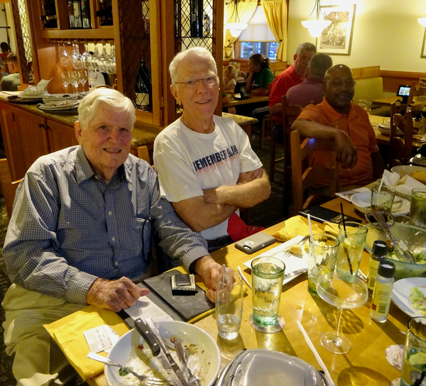 First Event - Ted's Cafe, Lawton
Encore Reunion Organizer Jerry Orr sits with John "Moon" Mullins, another co-conspirator at Ted's Cafe.  Carlton Epps is at far right.
