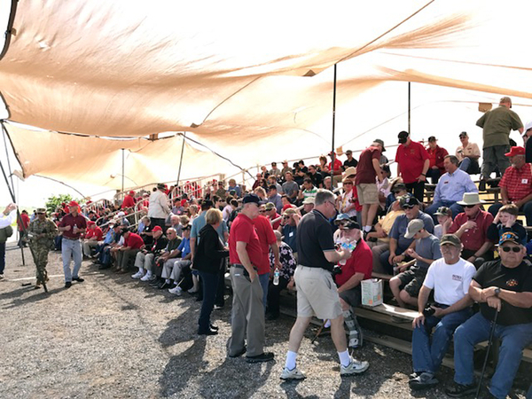 Thursday Firepower Demonstration
The 2/9th FA, the OCS Alumni, and invited guests enjoy the shade of a covered area to watch the firepower demo.

Photo courtesy of Mike Kurtgis.
