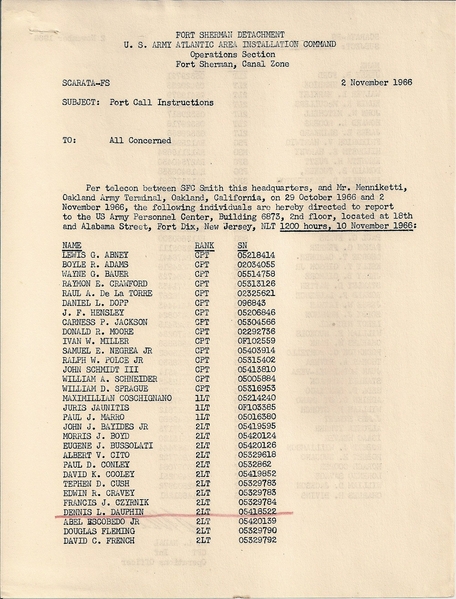 Port Call Orders
Guess what, buddy?  You're going to Nam!  Port Call orders dated 2Nov66.  The story goes that the Pentagon had no way of knowing what posts the Field Artillery officers and NCOs were stationed back then.  Soooo, they found a solution.  The big brass sent a "get off your ass" letter to each Army Post commanding general and told them to report the presence of MOS 13 personnel living on post.  Well, it worked.  And, Ft Dix kinda resembled Nam...gawdawful place.
