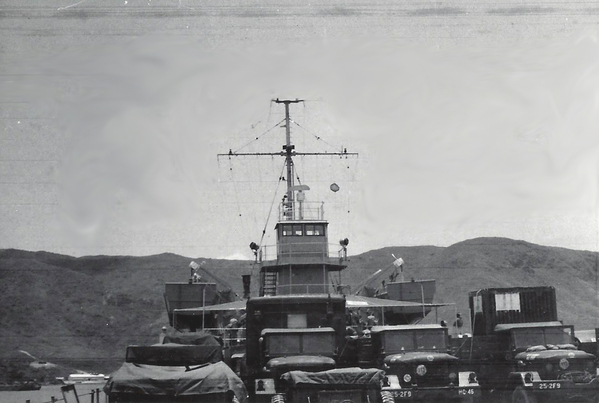 The Mighty Ninth goes by sea
Looking at the vehicles on the deck, you can see the designation "25 F 2-9".
Wonder if we are due any ribbons for naval action?  G. Dean Springer believes the move definitely occurred although he personally went via convoy.  Ray Delano suggests that "A" Battery moved by naval vessel with an Engineer and Cav outfit possibly.
