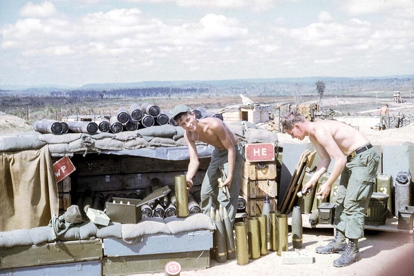 Firing batter
Note changing out a PD fuse for a VT fuse.  Signs made for HE and Willy Peter rounds.  Note how neat and carefully this munitions are stored.

PFC Jimmy Gribbins and UNK
