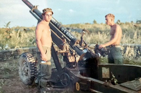 Cannoneers at LZ St George
Message from fellow Redleg Rick Ericksen: Nate: Fantastic, I even recognized some of the guys from my Gun Section. Jon/Kip Hansen, Steve Esona (AKA Pineapple), Wayne Wolf, who left to go out as a RTO later and was awarded a Bronze Star and a Silver Star for service above and beyond. I wish we could find him. He was from Philadelphia, PA. Also Cuckoo Mike, he’s the one of the pictures with the dark shades on. He was always buzzed, he was from California. This is a great story which brings us all back together one again. "A" Battery, The Mighty Ninth, 1969-70. We will always be a Band of Brothers eternally. 

