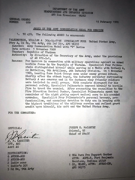 ARCOM Citation
Sp4 William Falkenstein awarded the ARCOM medal for heroic actions at the battle of LZ St George, 5Nov69.
