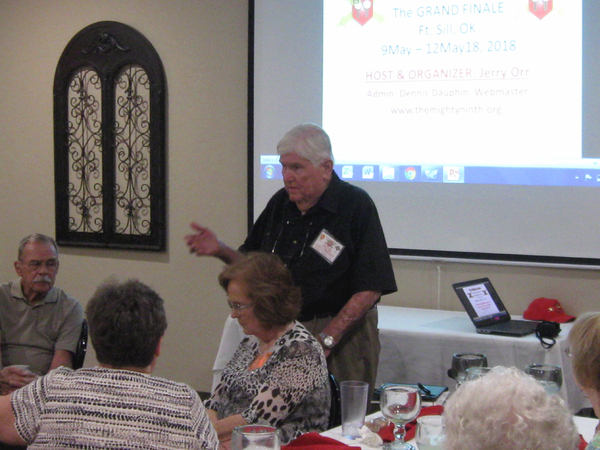 Welcome, Everyone!
Host & Organizer Jerry Orr, along with Ms Barbara Moeller, our Tour Guide, (seated) welcome everyone to the opening night of the Grande Finale Reunion of the 2/9th FA Battalion redlegs.  Our reunion began with Mexican buffet and plenty of margaritas at Ted's Escondido Cafe' in downtown Lawton.  A slide show of our tour in Vietnam served as the dinner backdrop.

Our Host & Organizer Jerry Orr died on 11Oct21.

(Double click to enlarge all photos}
