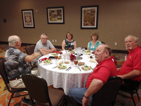 Farewell Dinner - Friday Evening @ Hilton Garden Inn
Our Encore reunion ended with a superb meal at the Hilton Inn in Lawton.  Saturday was depart for home day.

John Waldman and Danny Fort in their red arty shirts at right.
