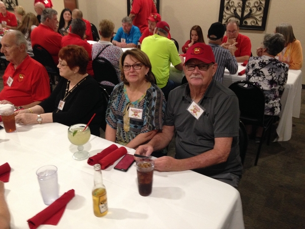 First Event - Ted's Cafe, Lawton
We began the Encore reunion with a group dinner at Ted's Cafe, enjoying a Mexican buffet meal and watching 240 slides of our "younger days" serving with the 2/9th FA in Vietnam. John and Barbara Bowden awaiting the start of the buffet line.

Photo courtesy of William Ward.
